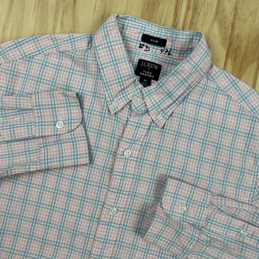 J.Crew Flex Wash Men's Button Up Shirt Medium Slim Pink White Plaid Stretch FLAW